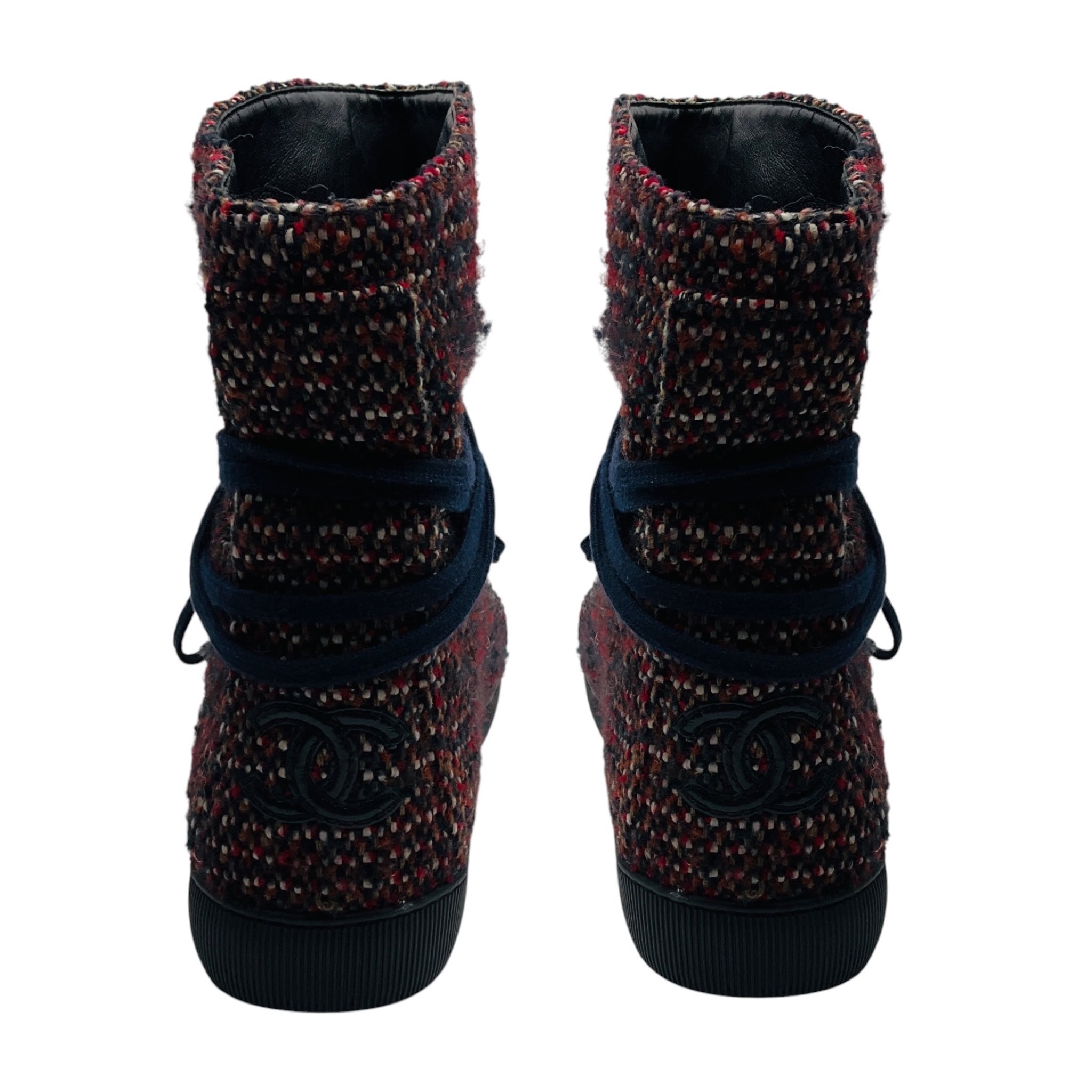 Chanel Navy / Red CC Logo Tweed Ankle Boots