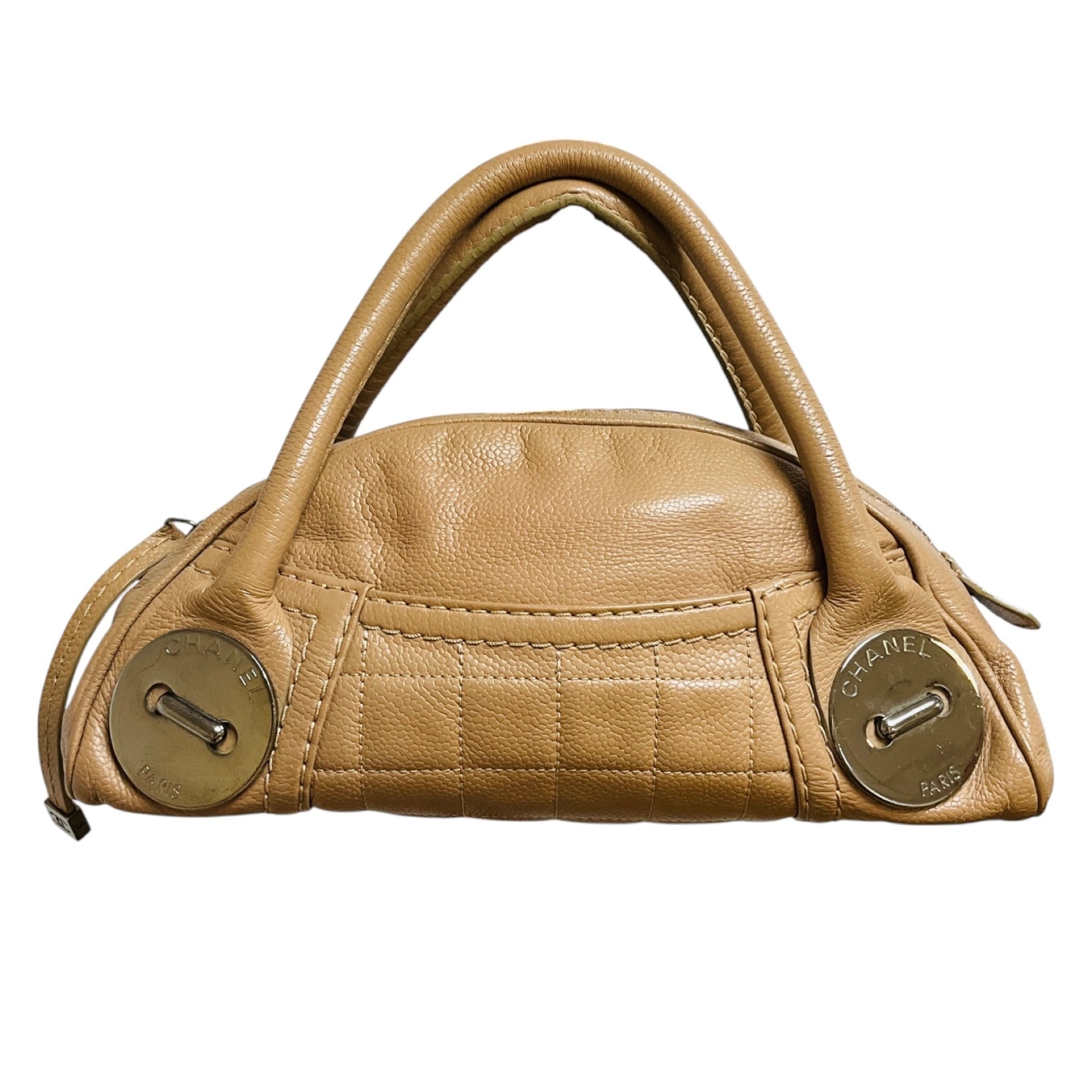 Chanel RARE Tan Button Dome Caviar Leather Small Satchel Handbag