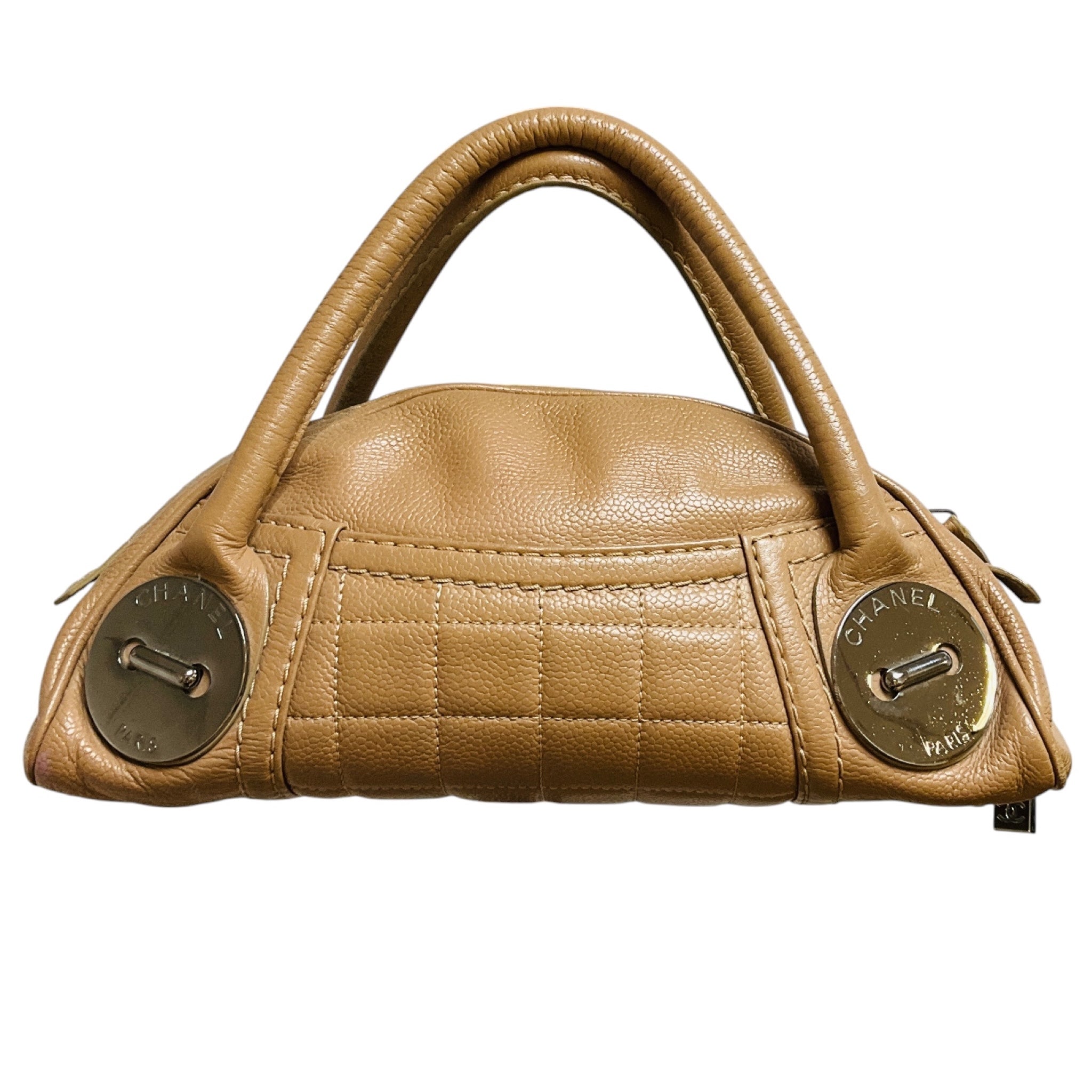 Chanel RARE Tan Button Dome Caviar Leather Small Satchel Handbag