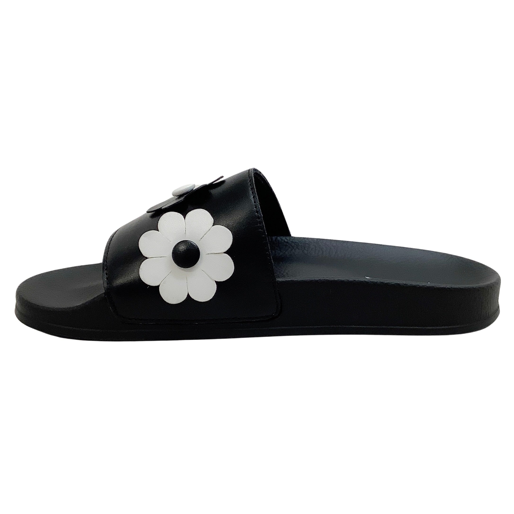 Vivetta Black Leather Slide Sandals with White Flowers