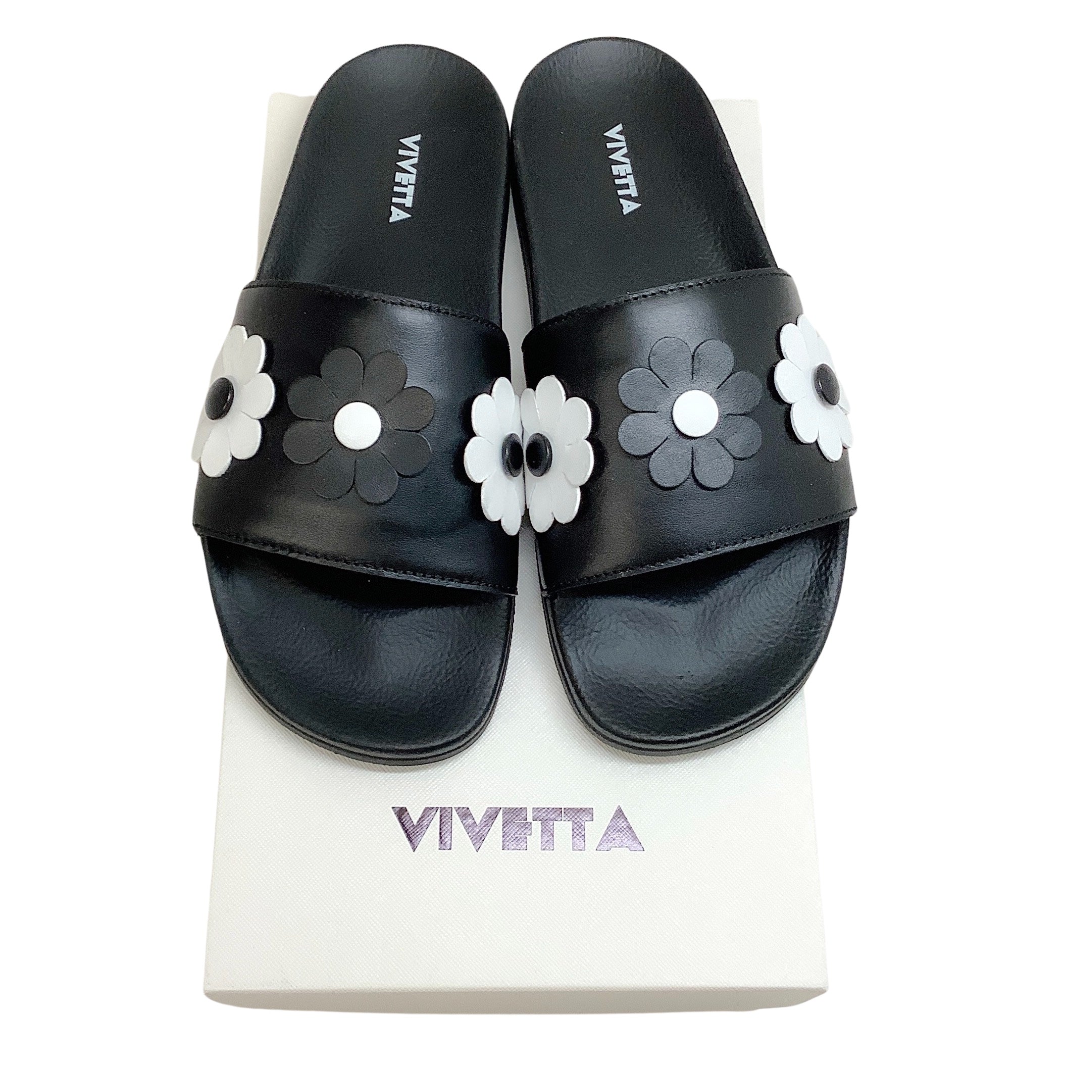 Vivetta Black Leather Slide Sandals with White Flowers