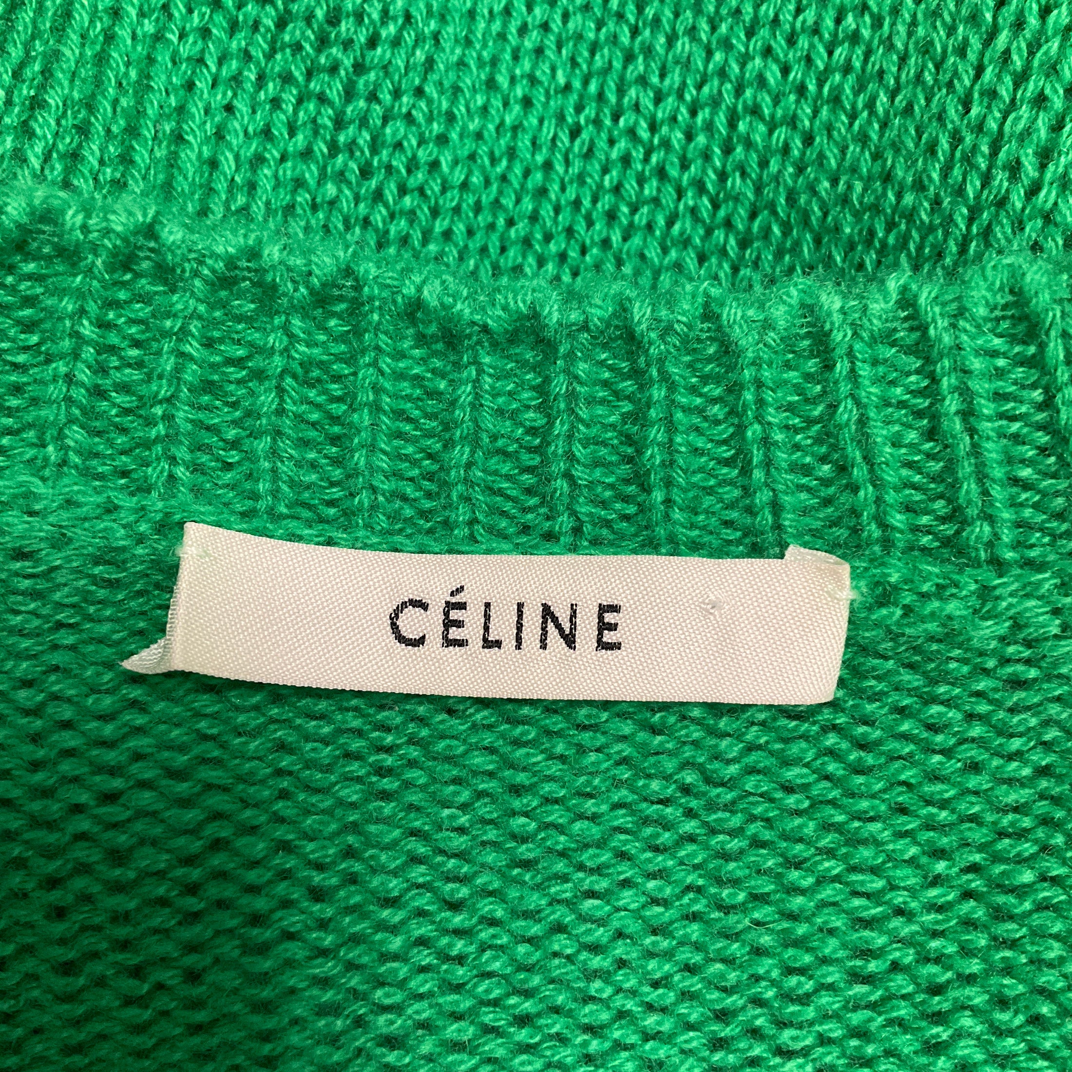 Celine Green Triomphe Logo Embroidered Cashmere Knit Pullover Sweater