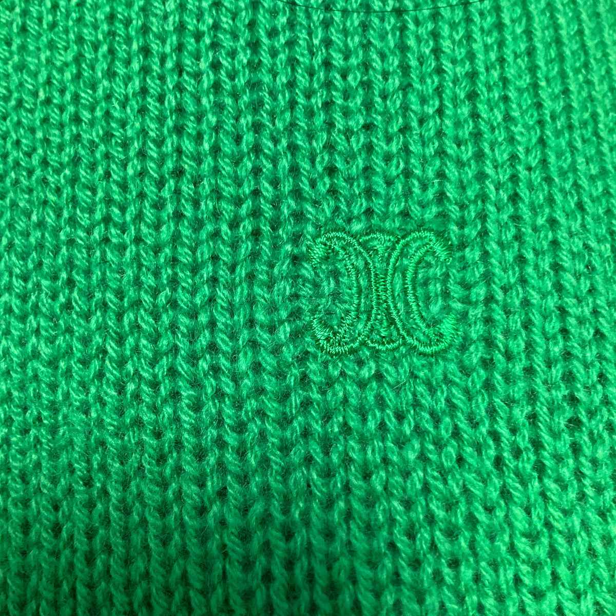 Celine Green Triomphe Logo Embroidered Cashmere Knit Pullover Sweater