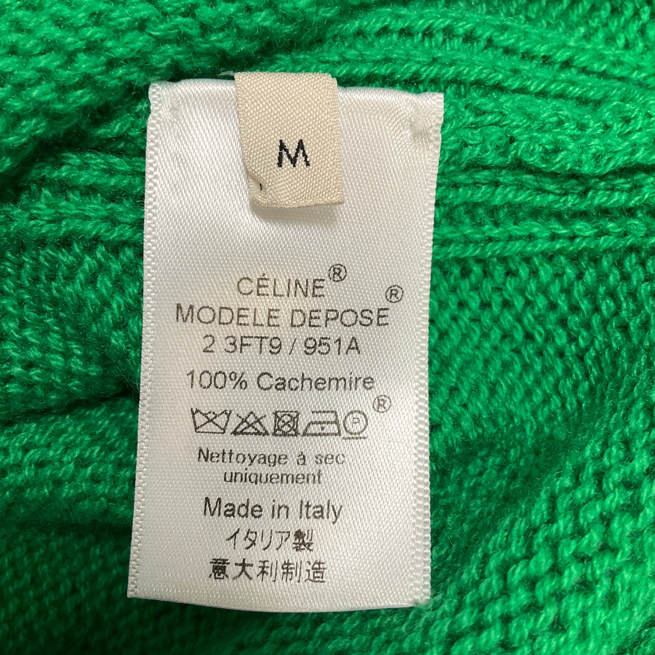 Celine Green Triomphe Logo Embroidered Cashmere Knit Pullover Sweater