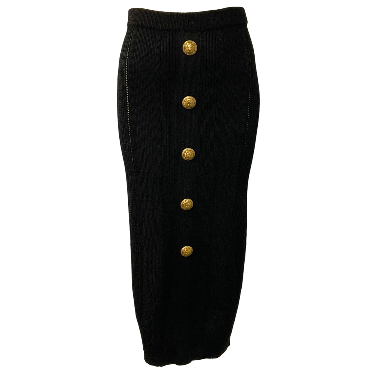 Balmain Black Cable Knit Midi Skirt with Gold Buttons
