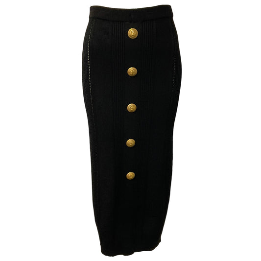 Balmain Black Cable Knit Midi Skirt with Gold Buttons
