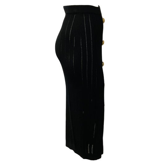 Balmain Black Cable Knit Midi Skirt with Gold Buttons