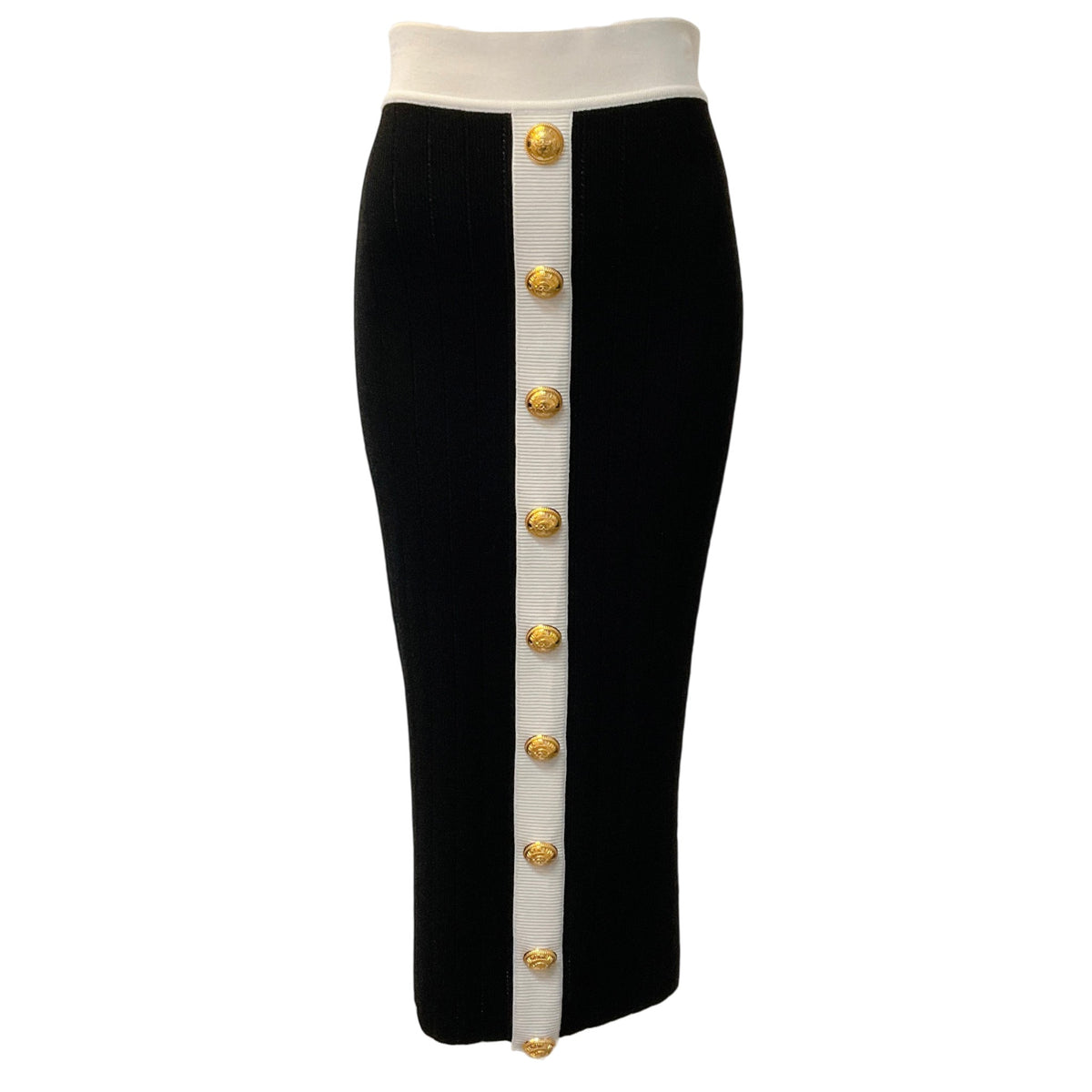Balmain Black / White Button Front Knit Midi Skirt