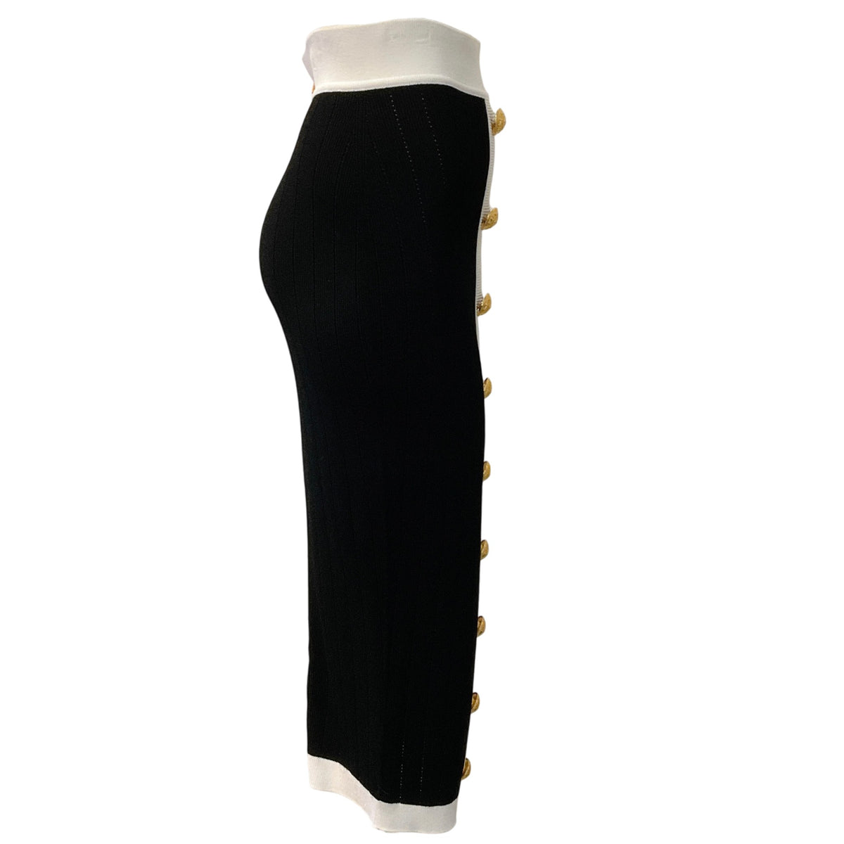 Balmain Black / White Button Front Knit Midi Skirt