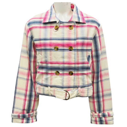 Alix of Bohemia Ivory / Pink / Navy Blue Cropped Double Breasted Plaid Cotton Jacket