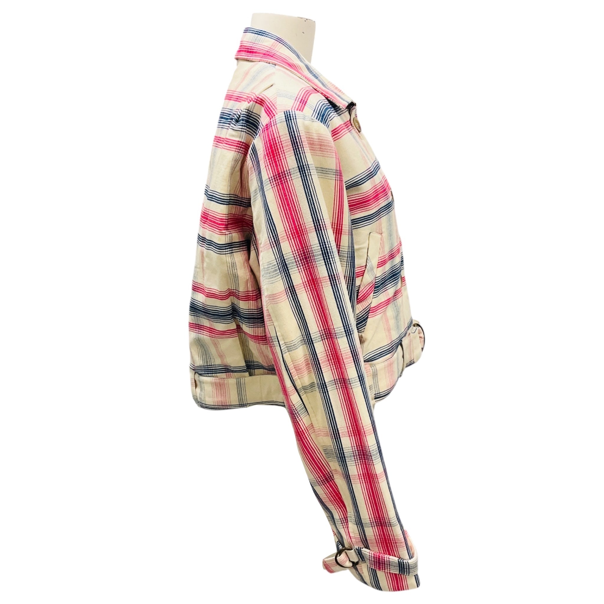 Alix of Bohemia Ivory / Pink / Navy Blue Cropped Double Breasted Plaid Cotton Jacket