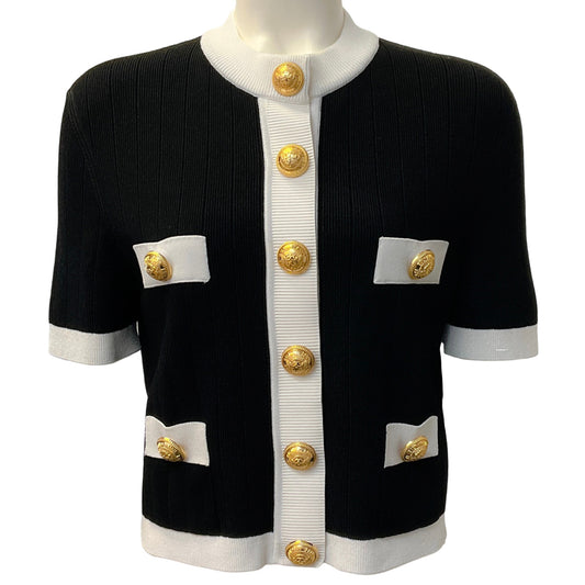Balmain Black / White Button Front Knit Short Sleeved Jacket