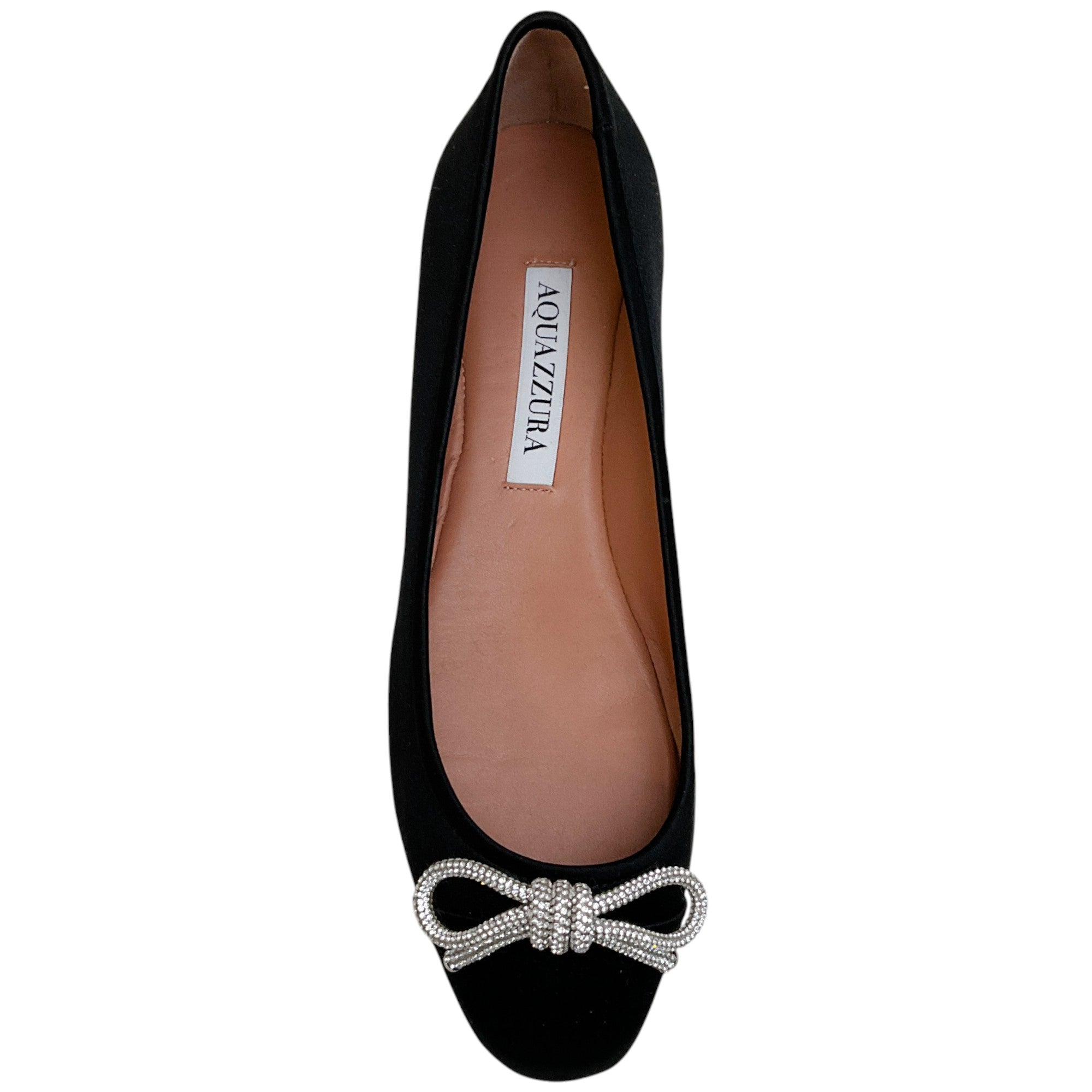 Aquazzura Black Satin Parisina Crystal Ballet Flats