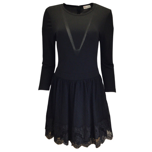 RED Valentino Black Long Sleeved Mesh Tulle Lace and Crepe Jersey Dress