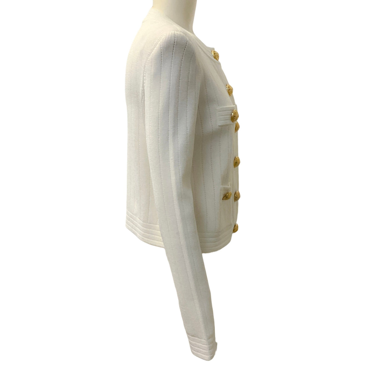 Balmain White Ribbed Knit Cardigan with Gold Buttons