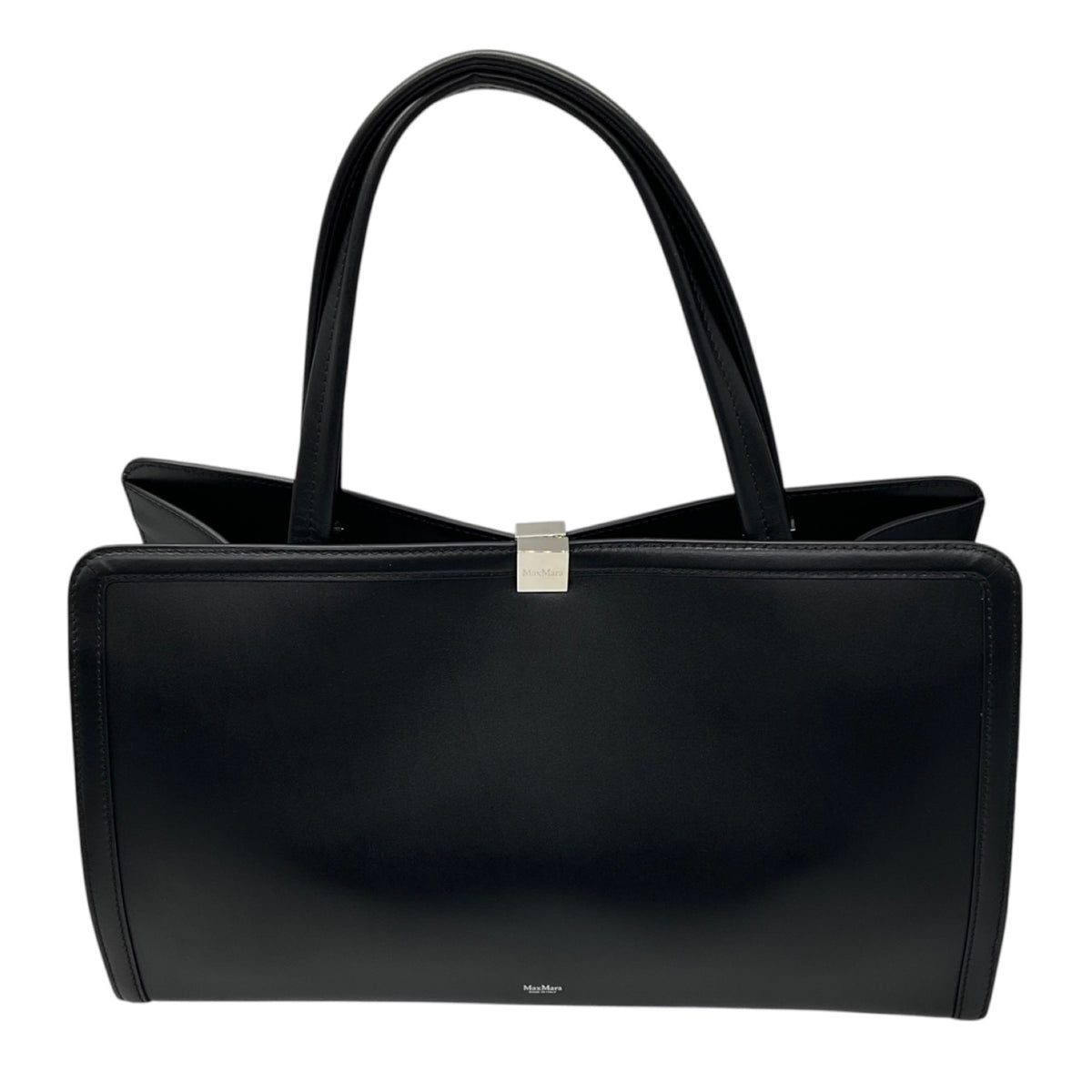 Max Mara Black Leather Double Top Handle Tote Handbag with Silver Hardware