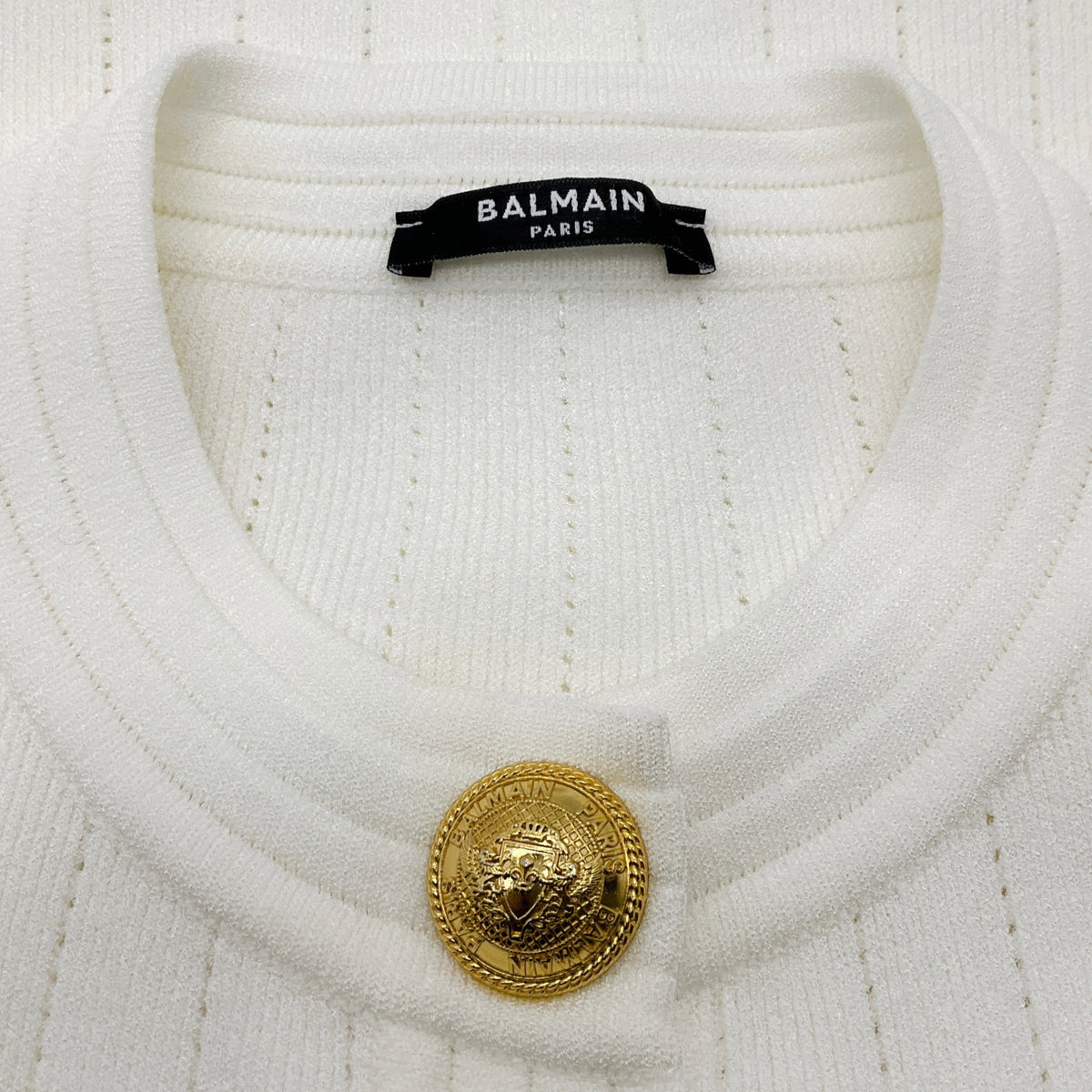 Balmain White Ribbed Knit Cardigan with Gold Buttons