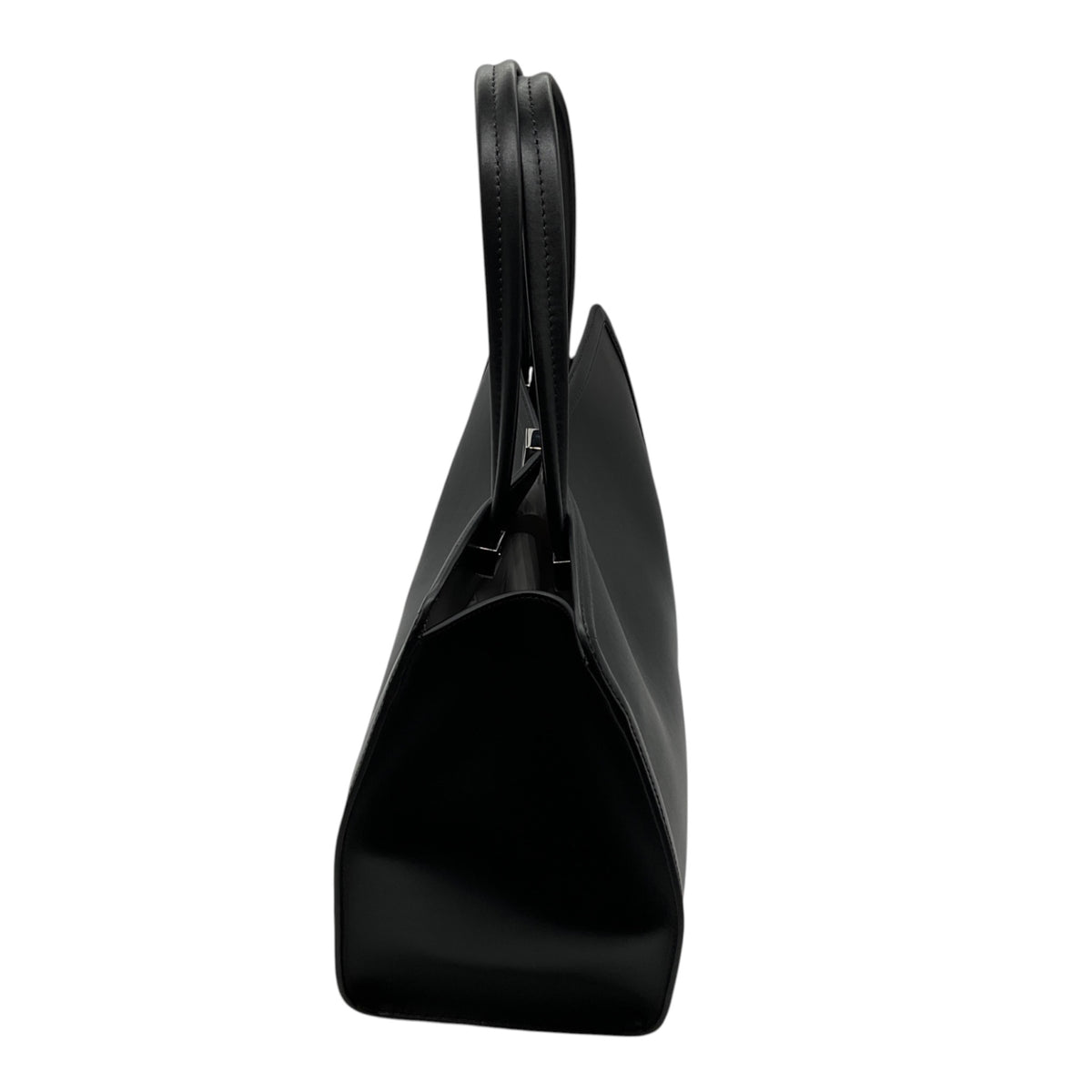 Max Mara Black Leather Double Top Handle Tote Handbag with Silver Hardware