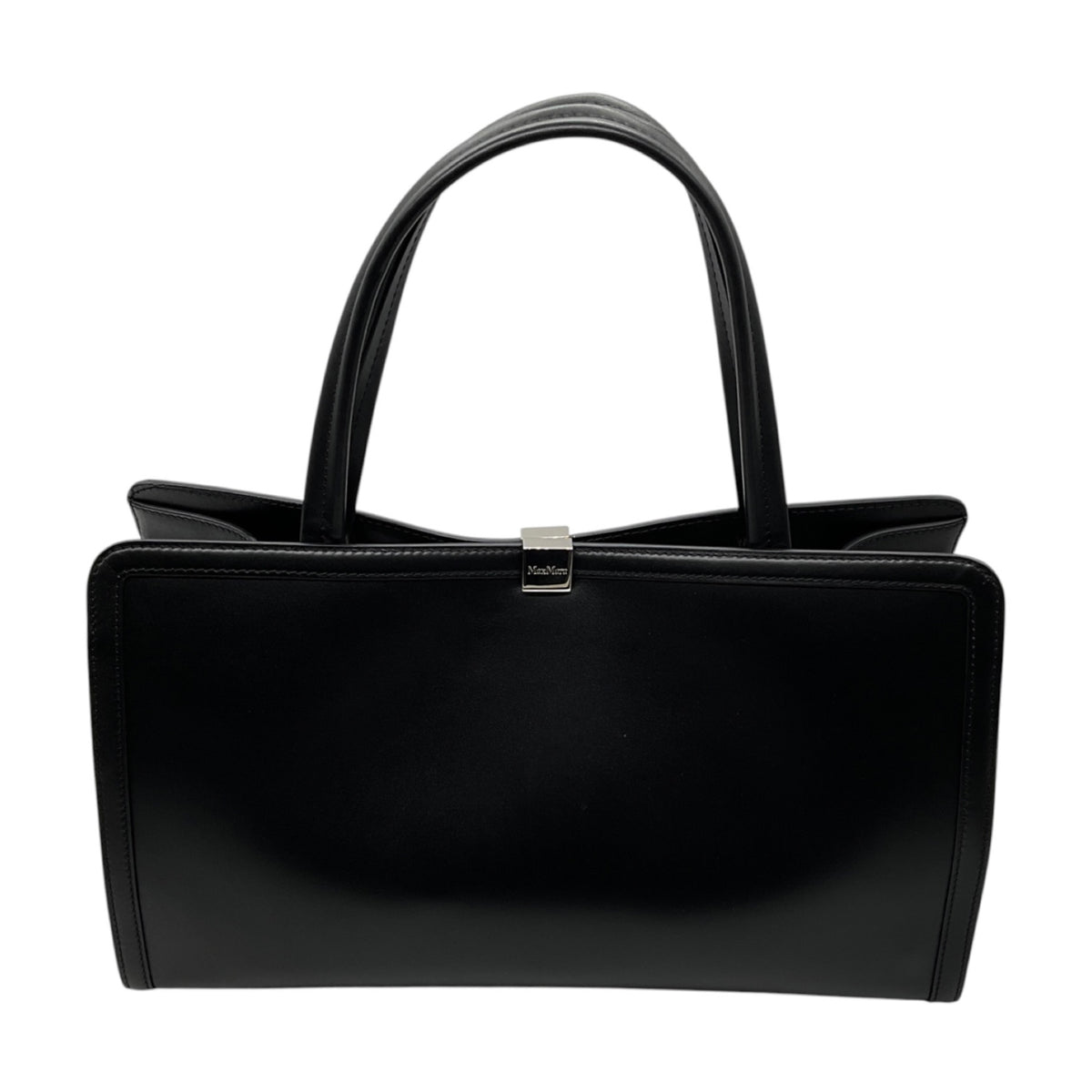 Max Mara Black Leather Double Top Handle Tote Handbag with Silver Hardware