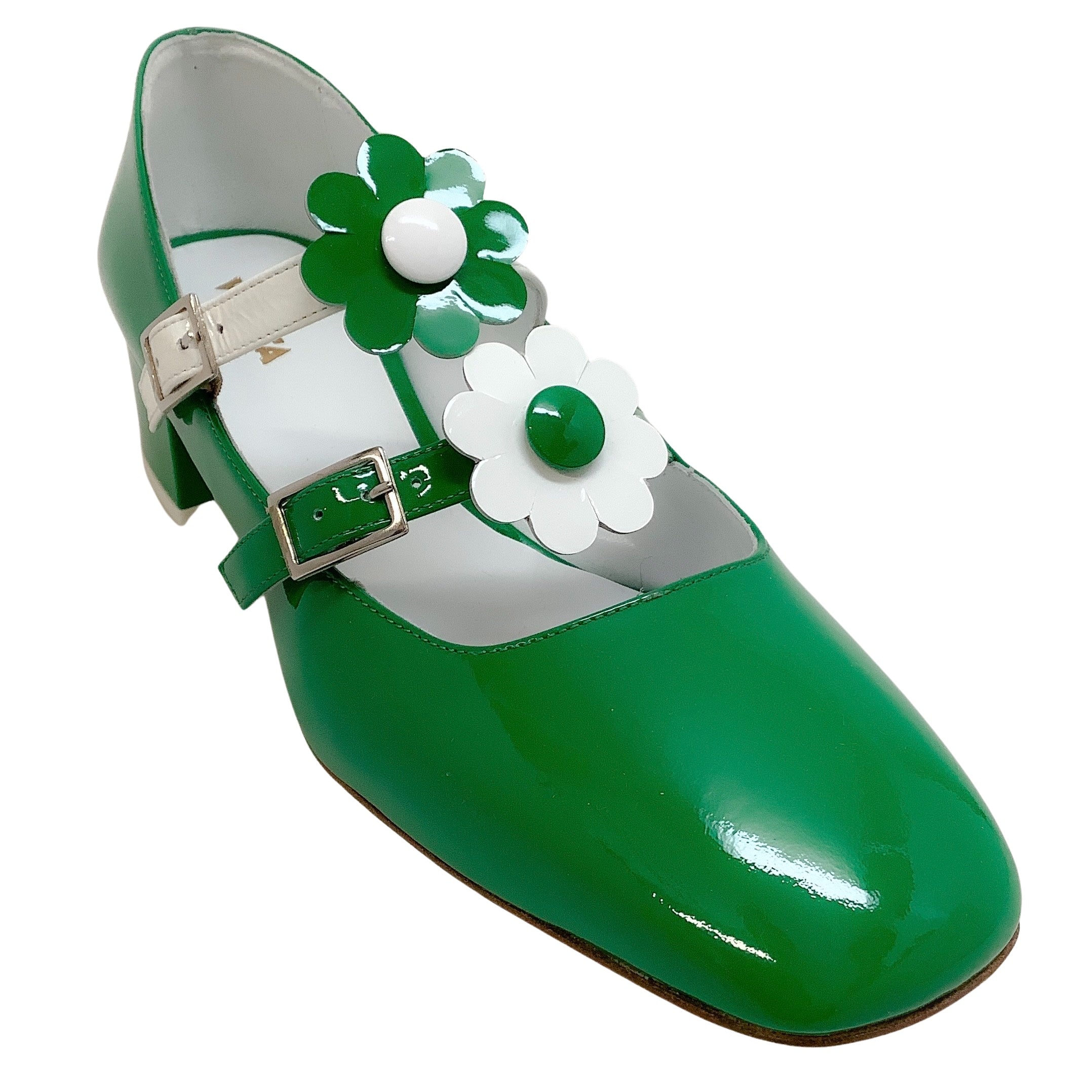 Vivetta Green / White Patent Leather Mary Jane Pumps with Flower Embellishments