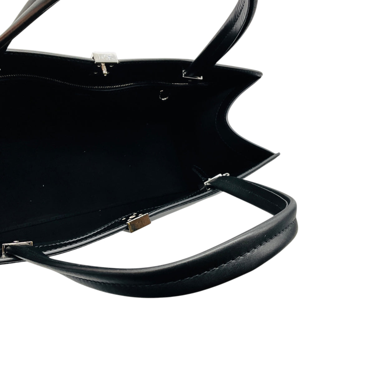 Max Mara Black Leather Double Top Handle Tote Handbag with Silver Hardware
