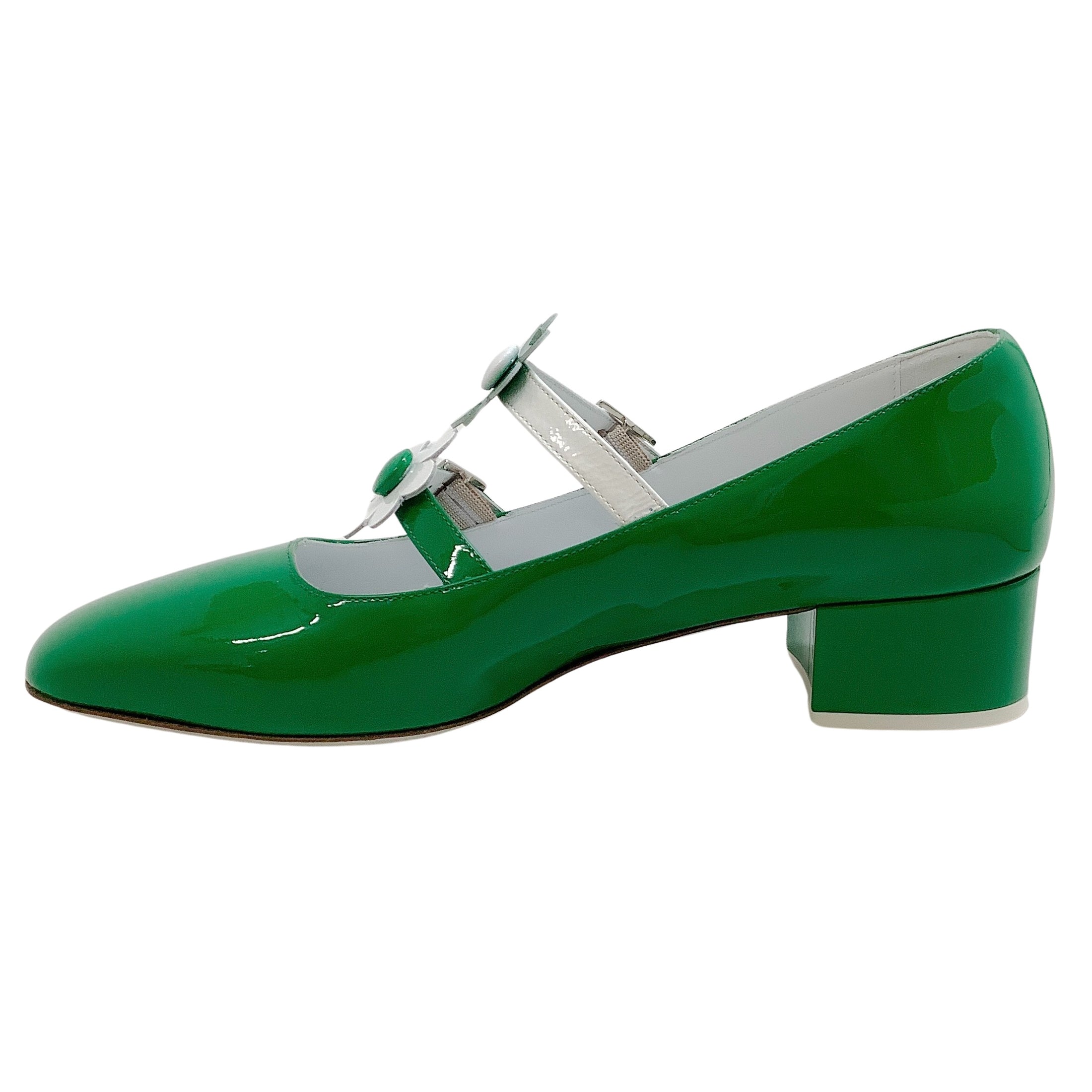 Vivetta Green / White Patent Leather Mary Jane Pumps with Flower Embellishments