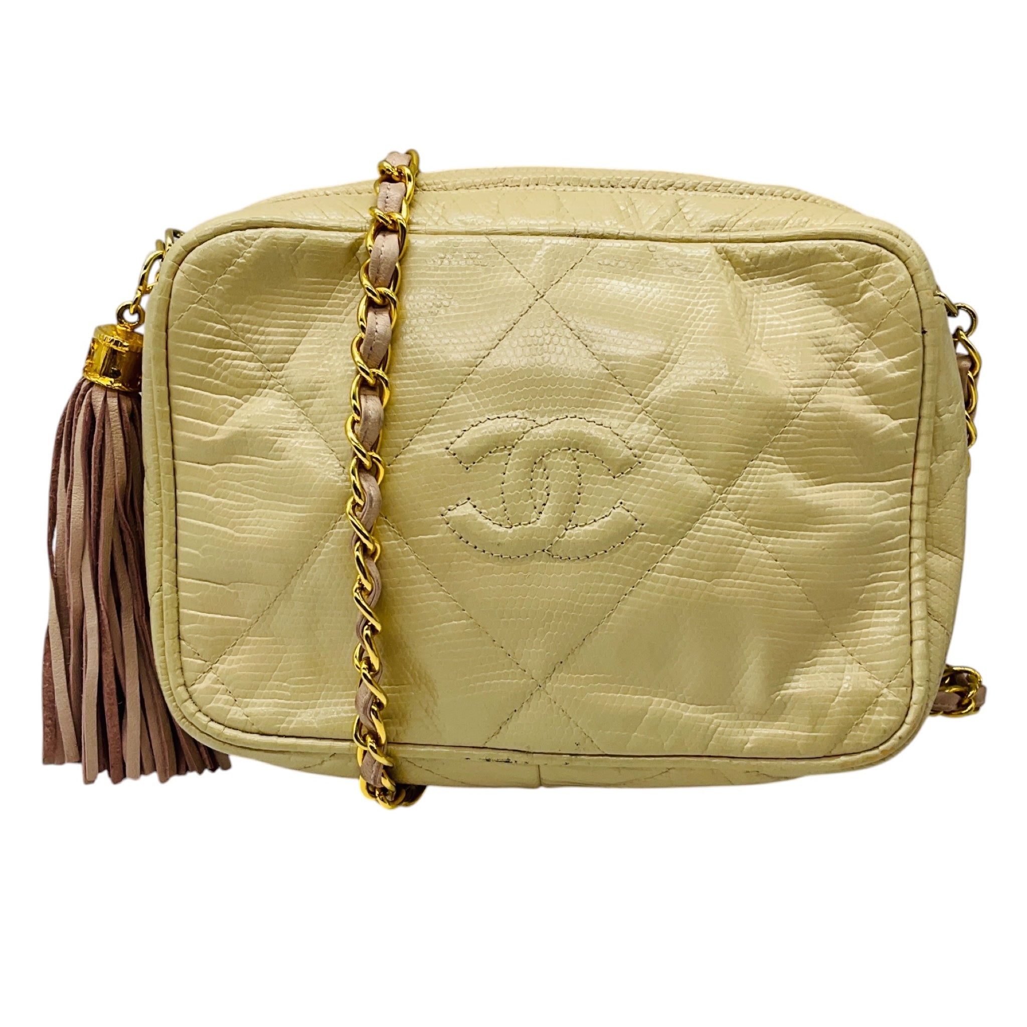 Chanel Vintage Beige CC Logo Quilted Embossed Leather Crossbody Bag with Chain Strap and Tassel Detail