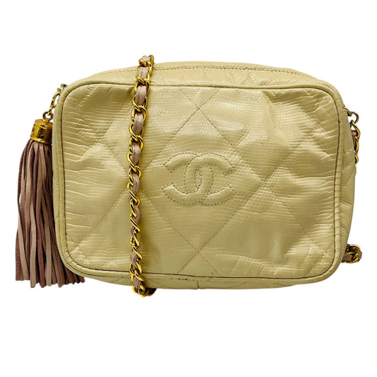 Chanel Vintage Beige CC Logo Quilted Embossed Leather Crossbody Bag with Chain Strap and Tassel Detail