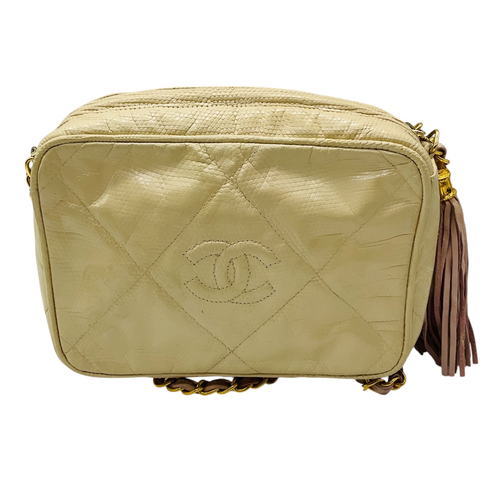 Chanel Vintage Beige CC Logo Quilted Embossed Leather Crossbody Bag with Chain Strap and Tassel Detail