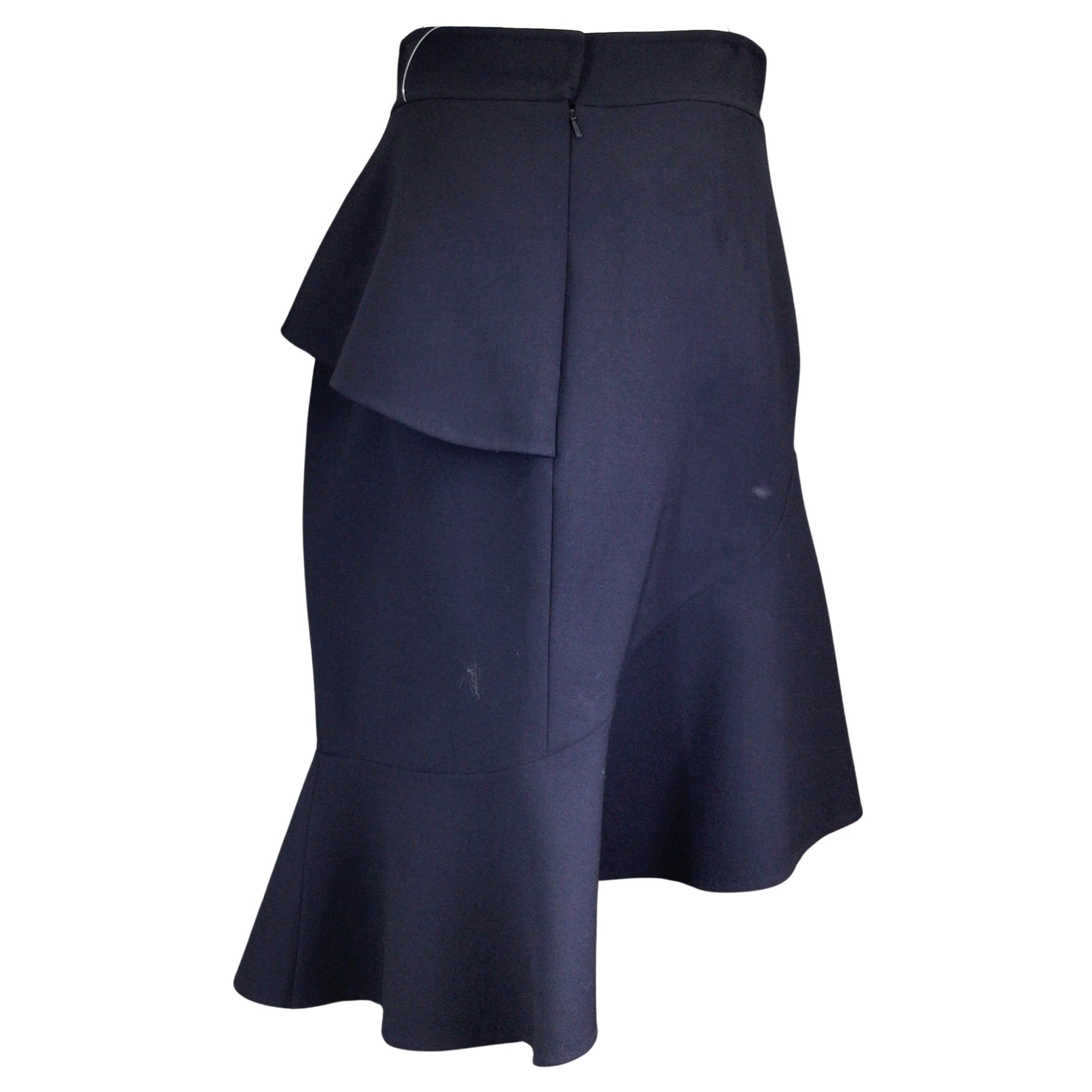 Oscar de la Renta Navy Blue Asymmetrical Ruffled Wool Midi Skirt