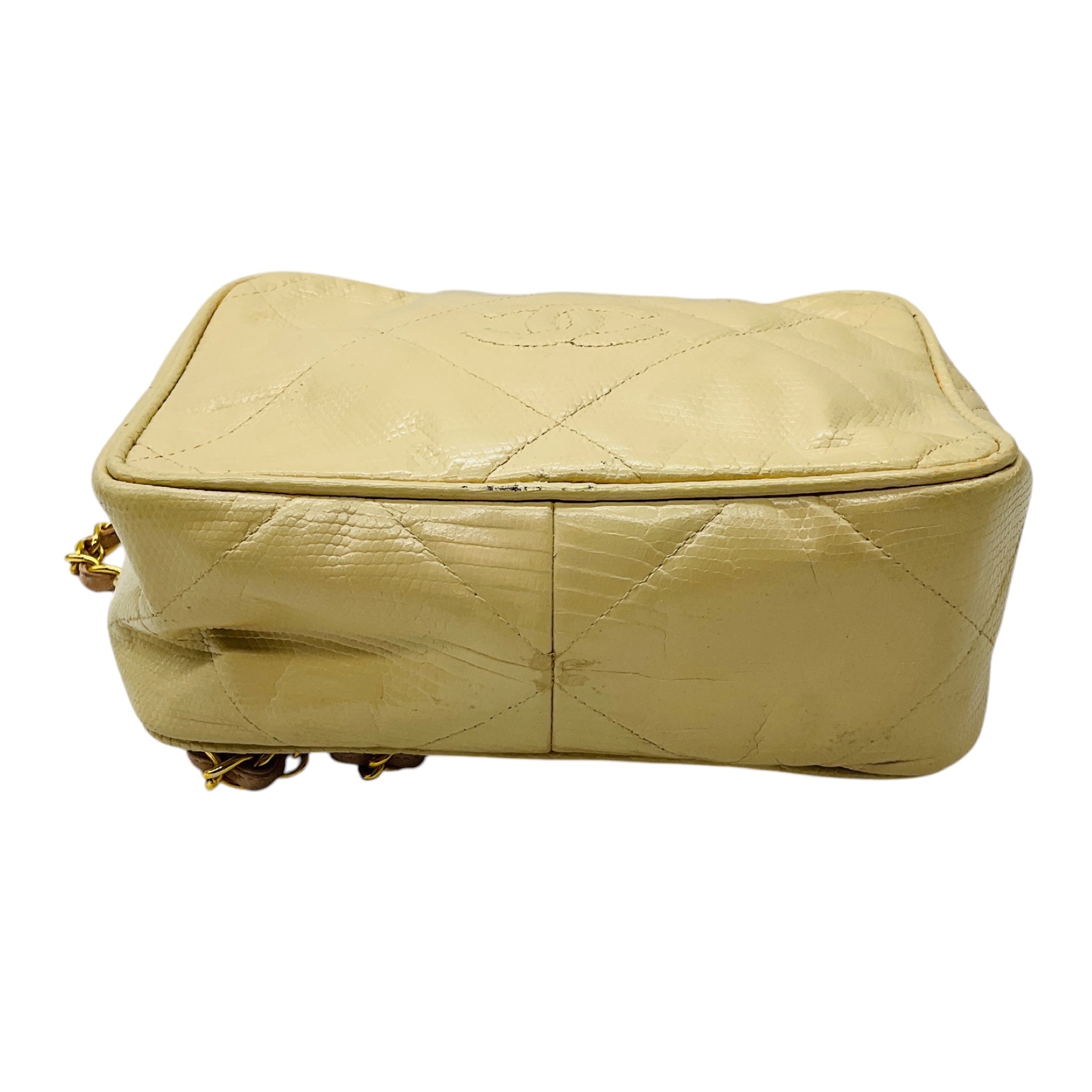 Chanel Vintage Beige CC Logo Quilted Embossed Leather Crossbody Bag with Chain Strap and Tassel Detail