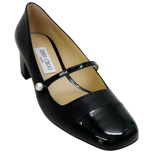 Jimmy Choo Black Leather / Patent Elisa 45 Mary Jane Pumps
