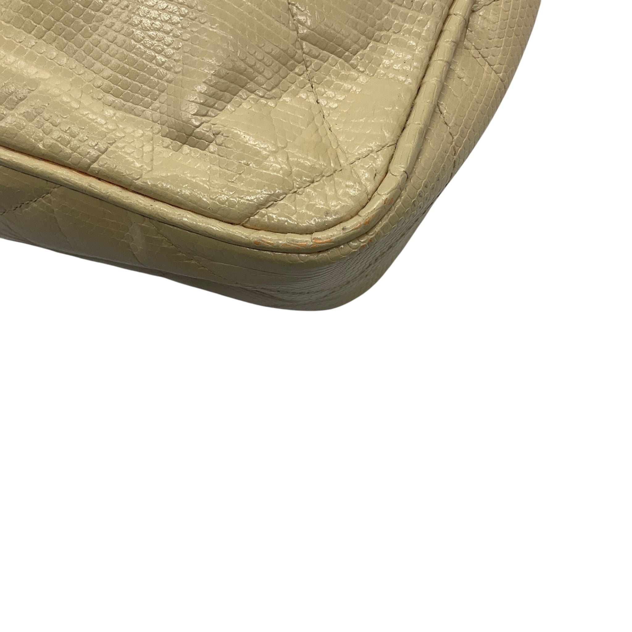 Chanel Vintage Beige CC Logo Quilted Embossed Leather Crossbody Bag with Chain Strap and Tassel Detail