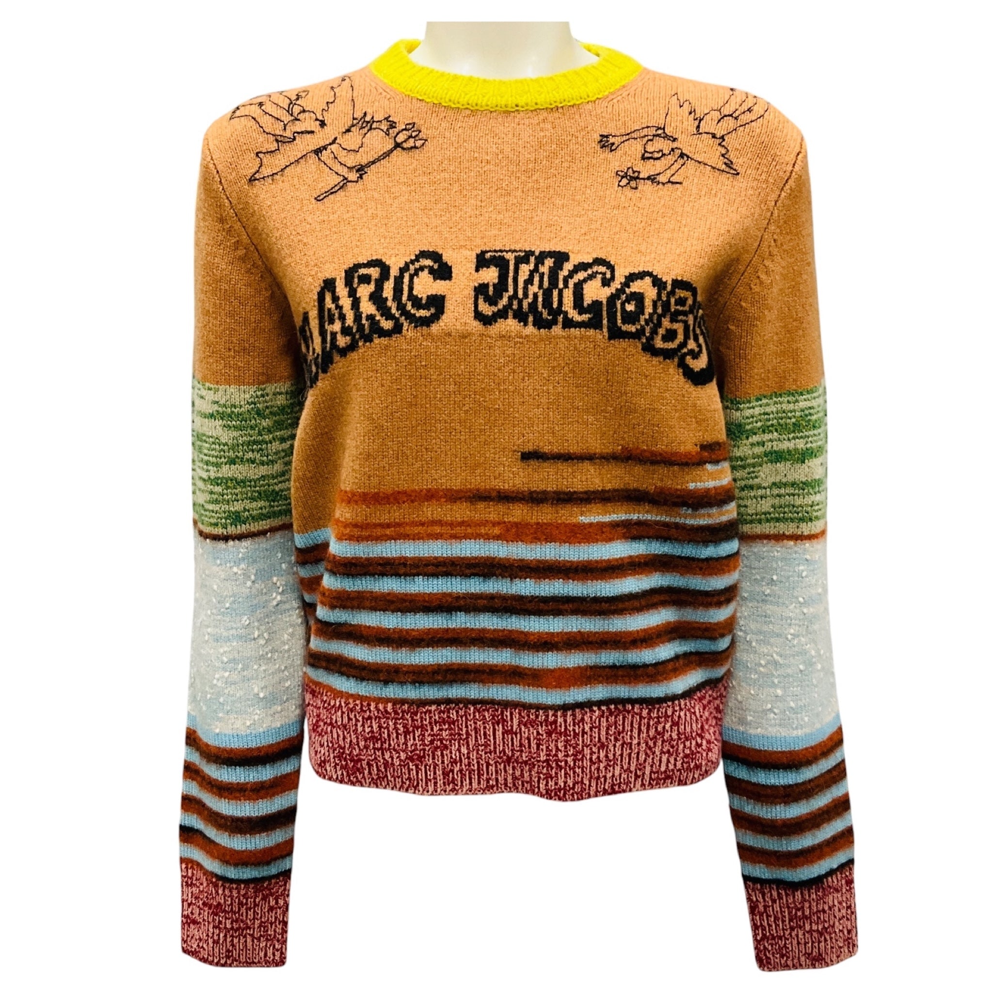 Marc Jacobs Camel Multi Engineered Stripe Camel Combo Tattoo Crewneck Sweater