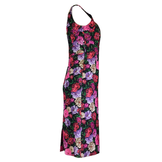 Escada Pink / Black / Purple Multi Floral Printed Sleeveless Midi Dress