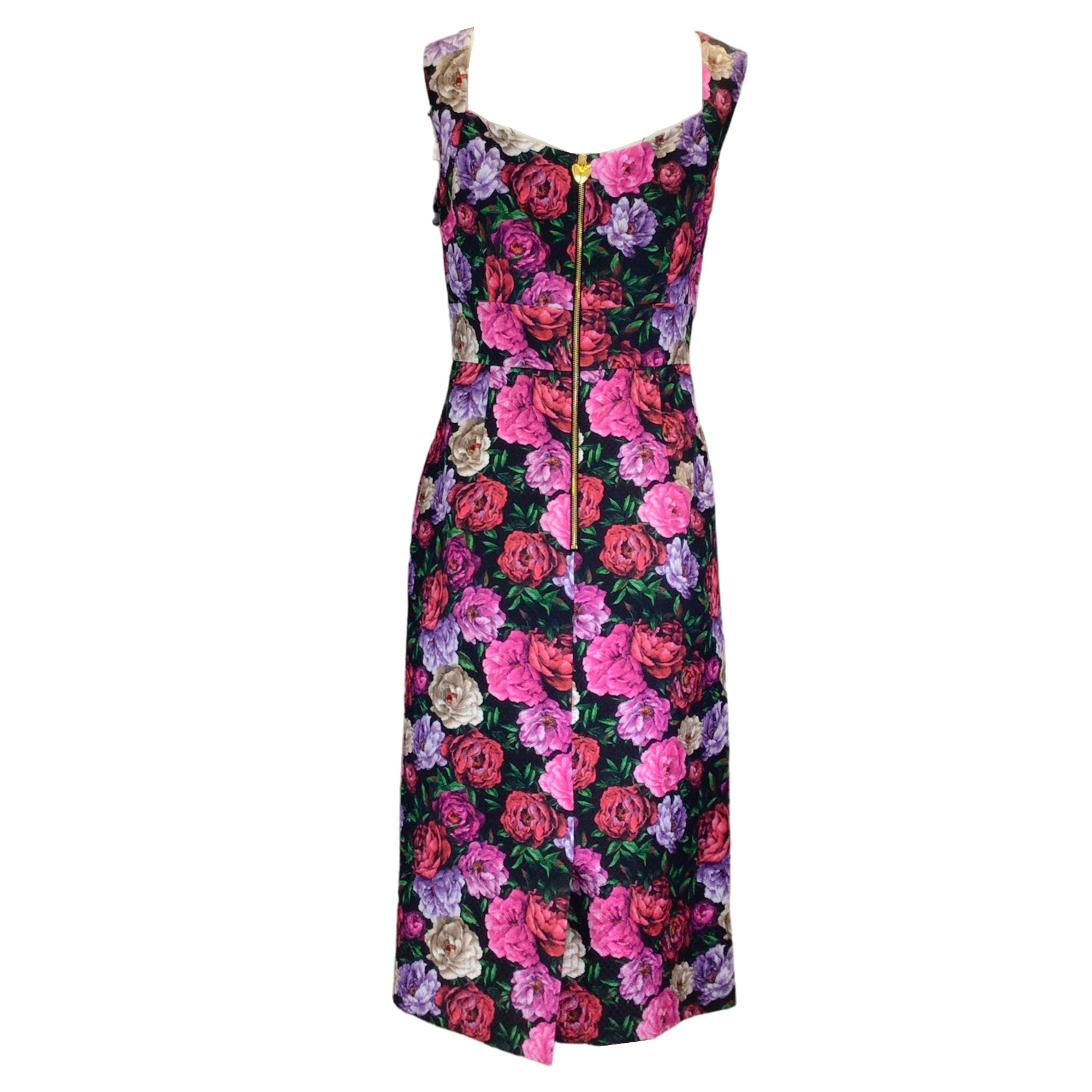 Escada Pink / Black / Purple Multi Floral Printed Sleeveless Midi Dress