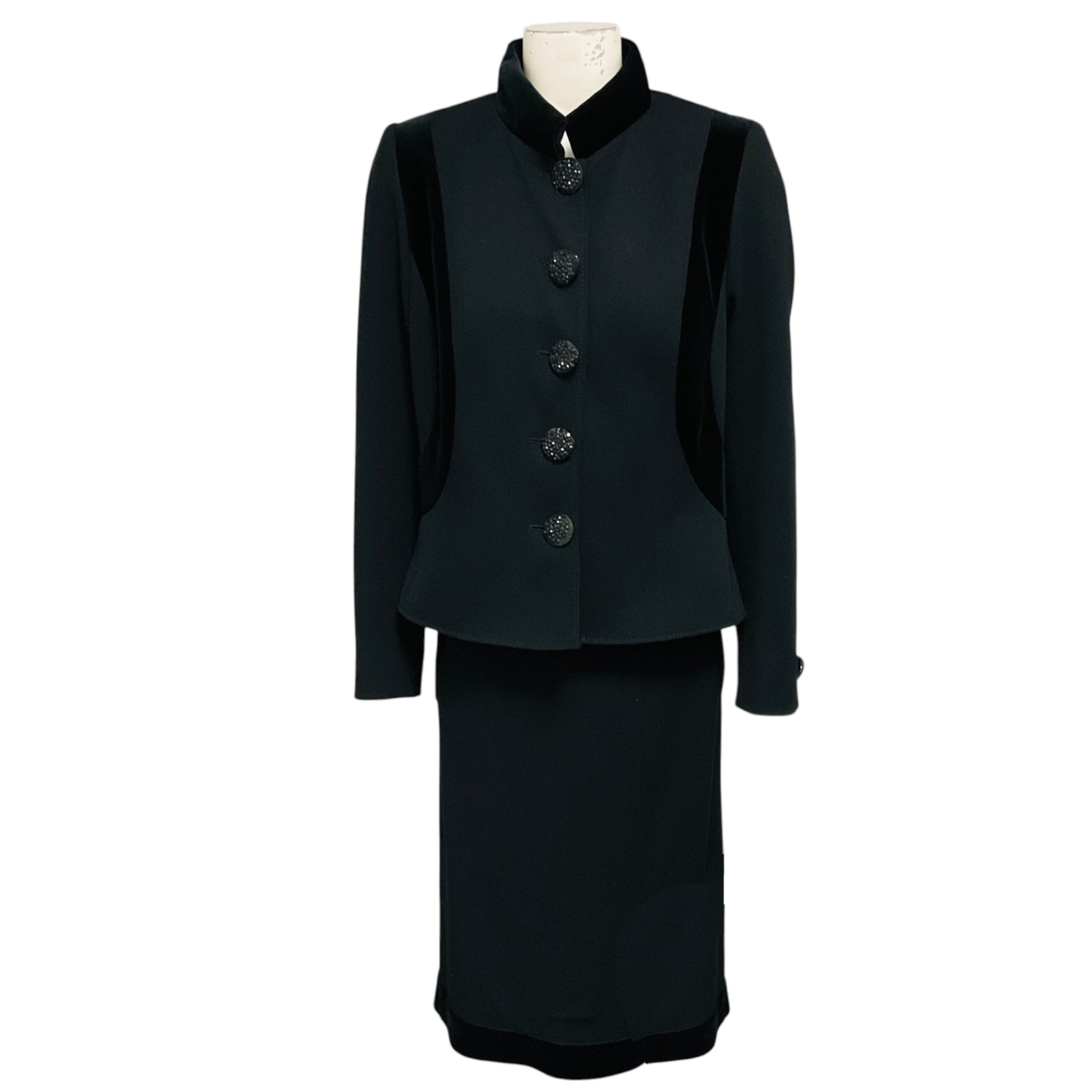 Valentino Vintage Black Velvet Trimmed Wool Jacket and Skirt Suit Set