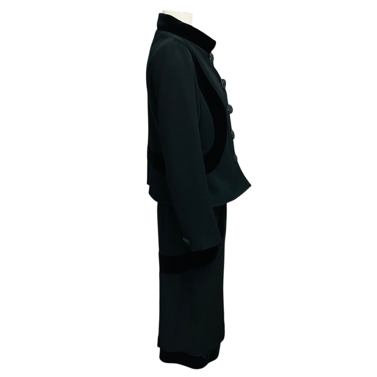 Valentino Vintage Black Velvet Trimmed Wool Jacket and Skirt Suit Set