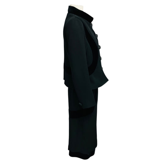 Valentino Vintage Black Velvet Trimmed Wool Jacket and Skirt Suit Set