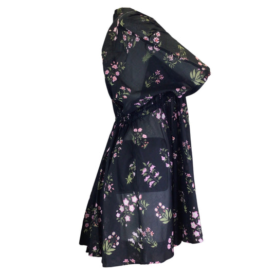 Giambattista Valli Black / Pink Multi Floral Printed Short Sleeved Sheer Cotton Dress