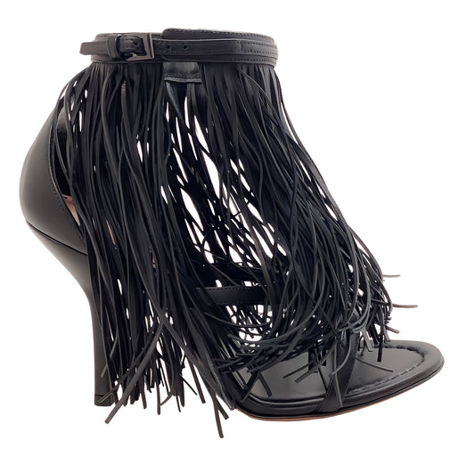 Alaia Black Leather Maxi Fringe Sandals with Ankle Strap