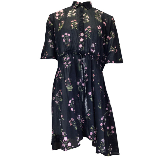 Giambattista Valli Black / Pink Multi Floral Printed Short Sleeved Sheer Cotton Dress