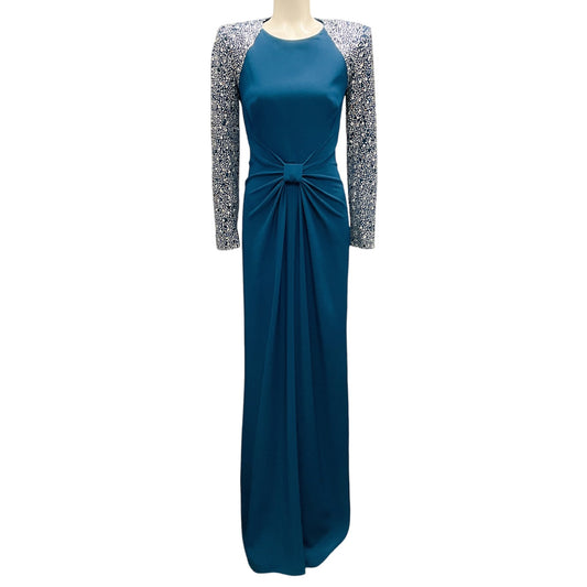 Jenny Packham Ink Twyla Crystal Embellished Sleeve Crepe Gown / Formal Dress