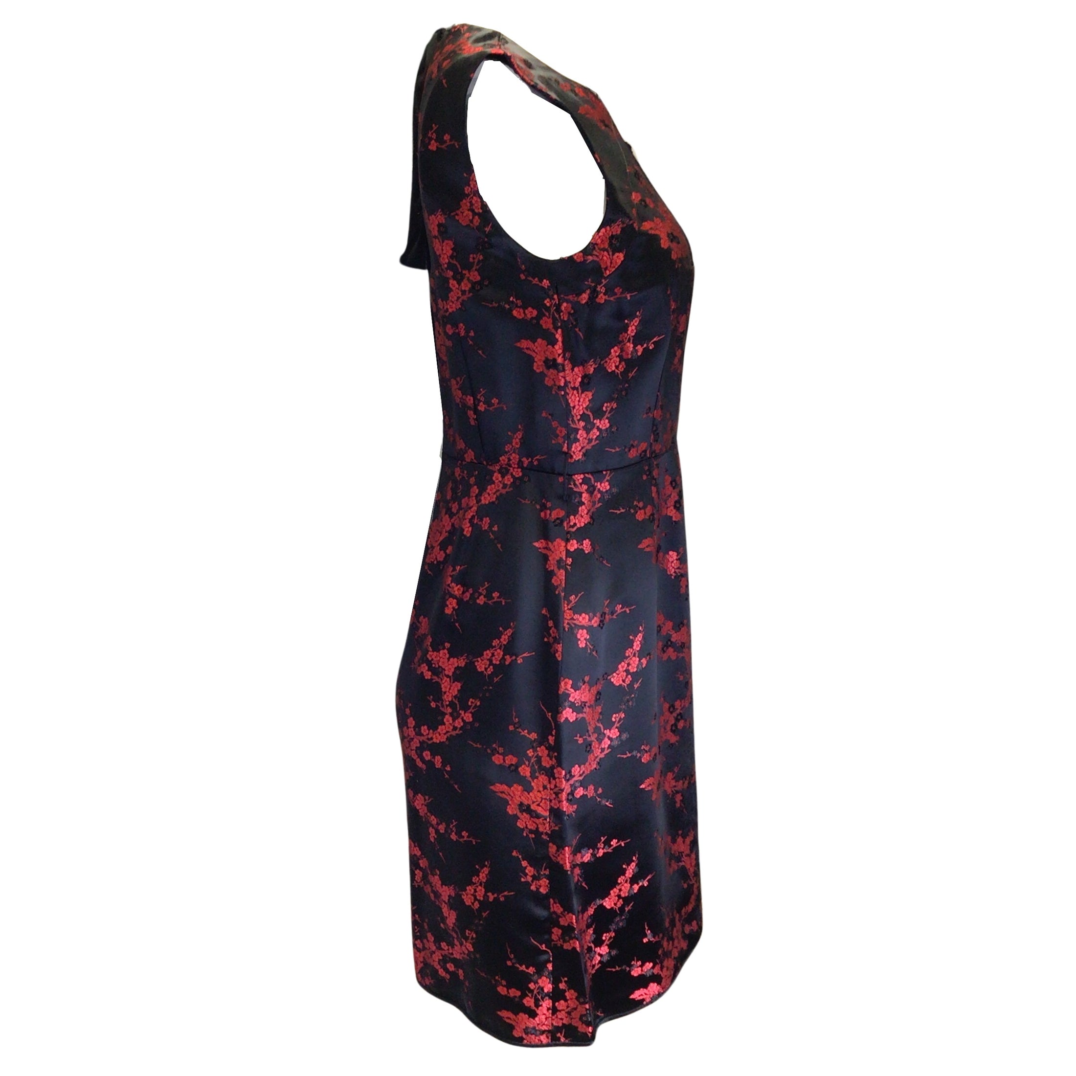 Marc Jacobs Black / Red Embellished Cherry Blossom Floral Jacquard Sleeveless Satin Dress