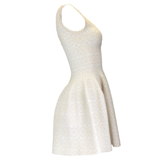 Alaia White / Beige Metallic Sleeveless V-Neck Flared Knit Dress