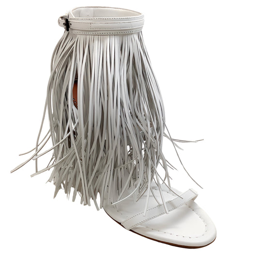 Alaia White Leather Maxi Fringe Sandals with Ankle Strap