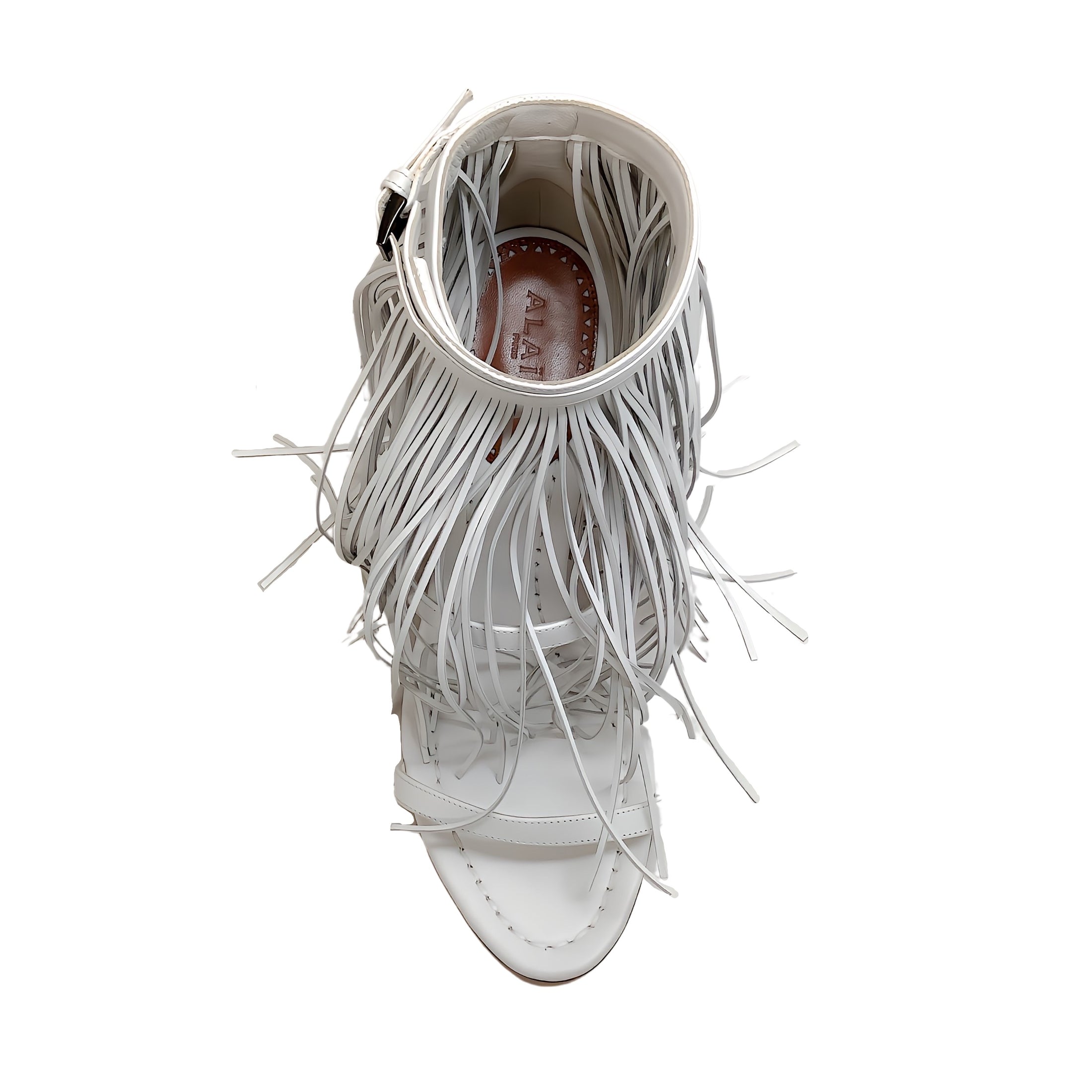 Alaia White Leather Maxi Fringe Sandals with Ankle Strap