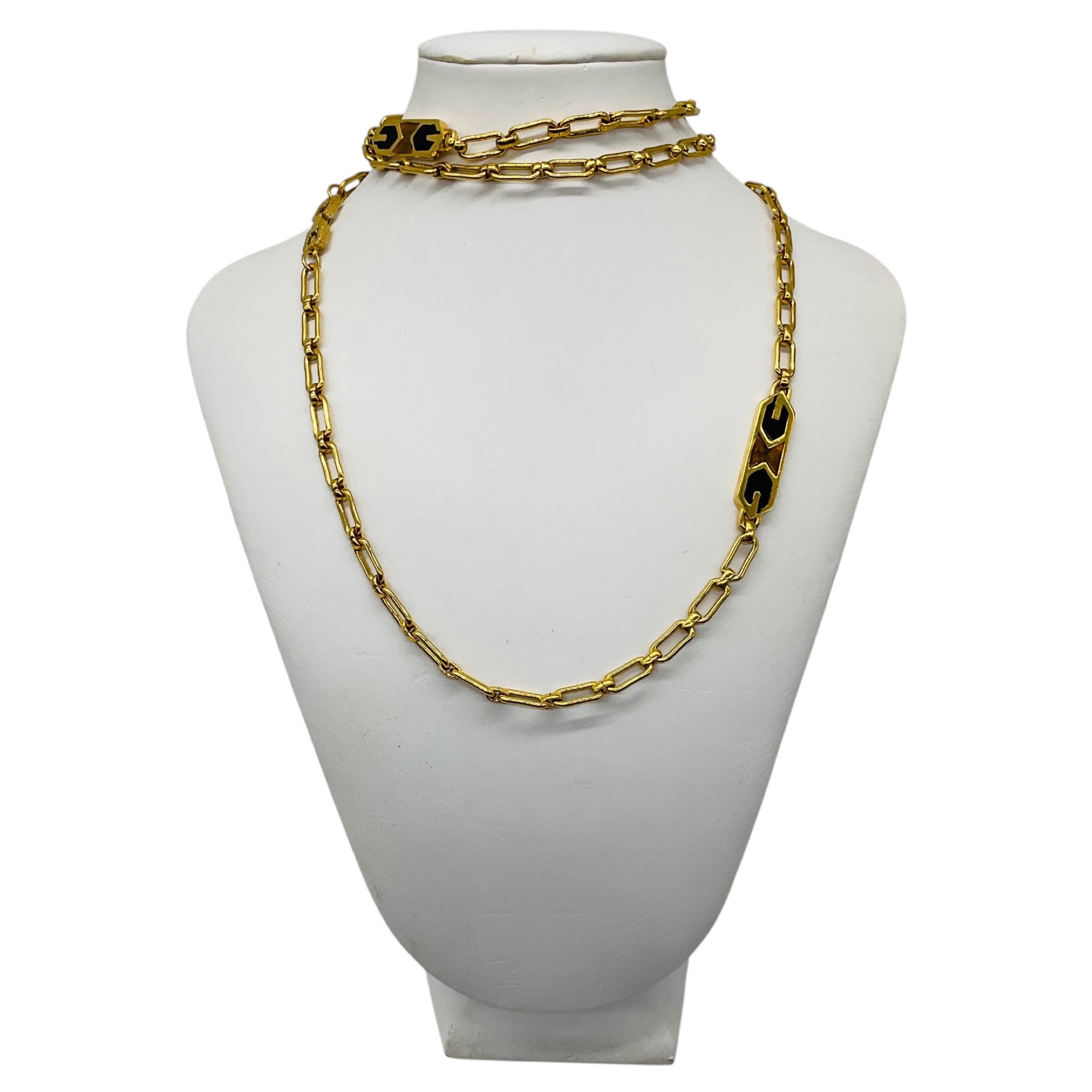 Givenchy Vintage Black / Brown GG Logo Enamel and Gold-tone Chain Sautoir Necklace