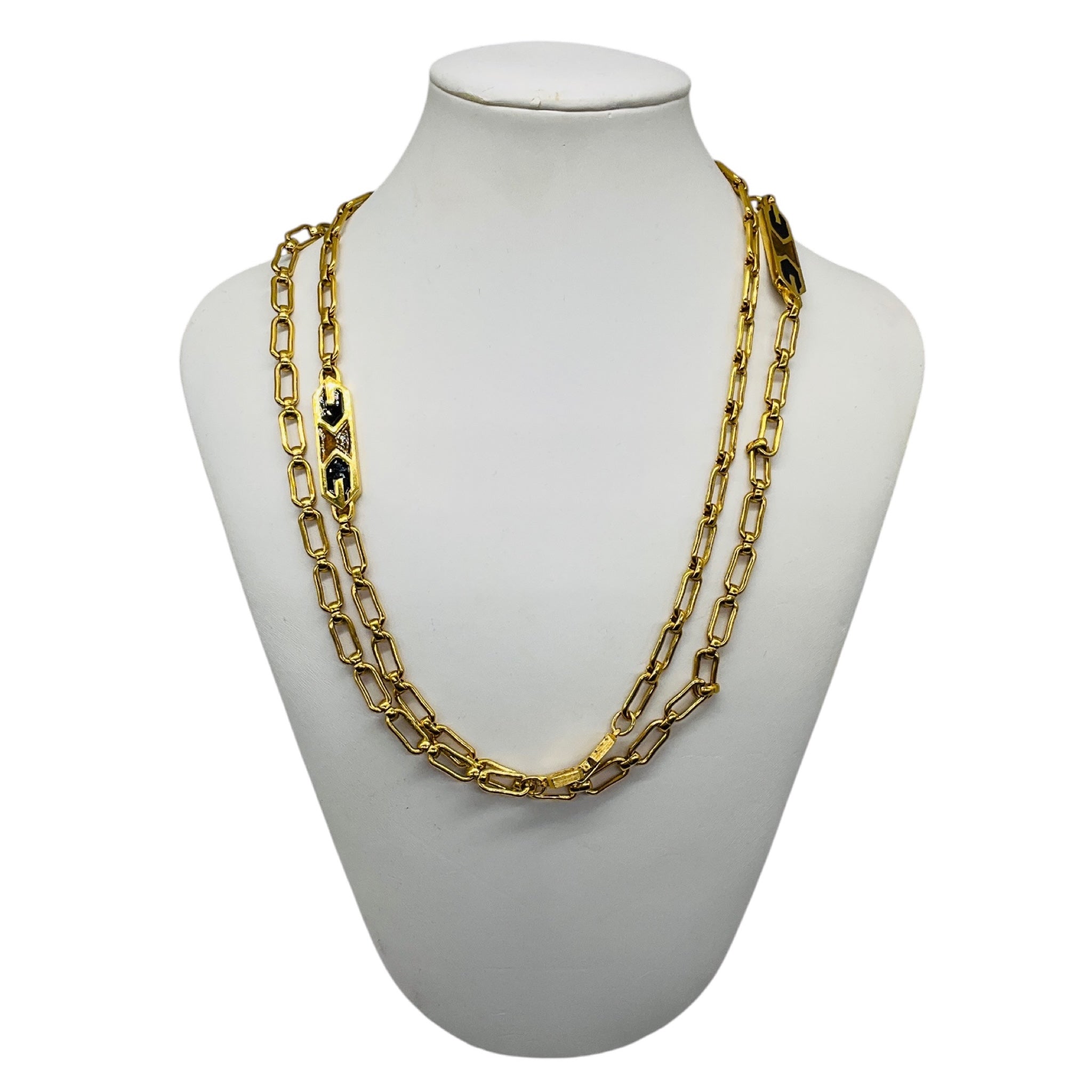 Givenchy Vintage Black / Brown GG Logo Enamel and Gold-tone Chain Sautoir Necklace