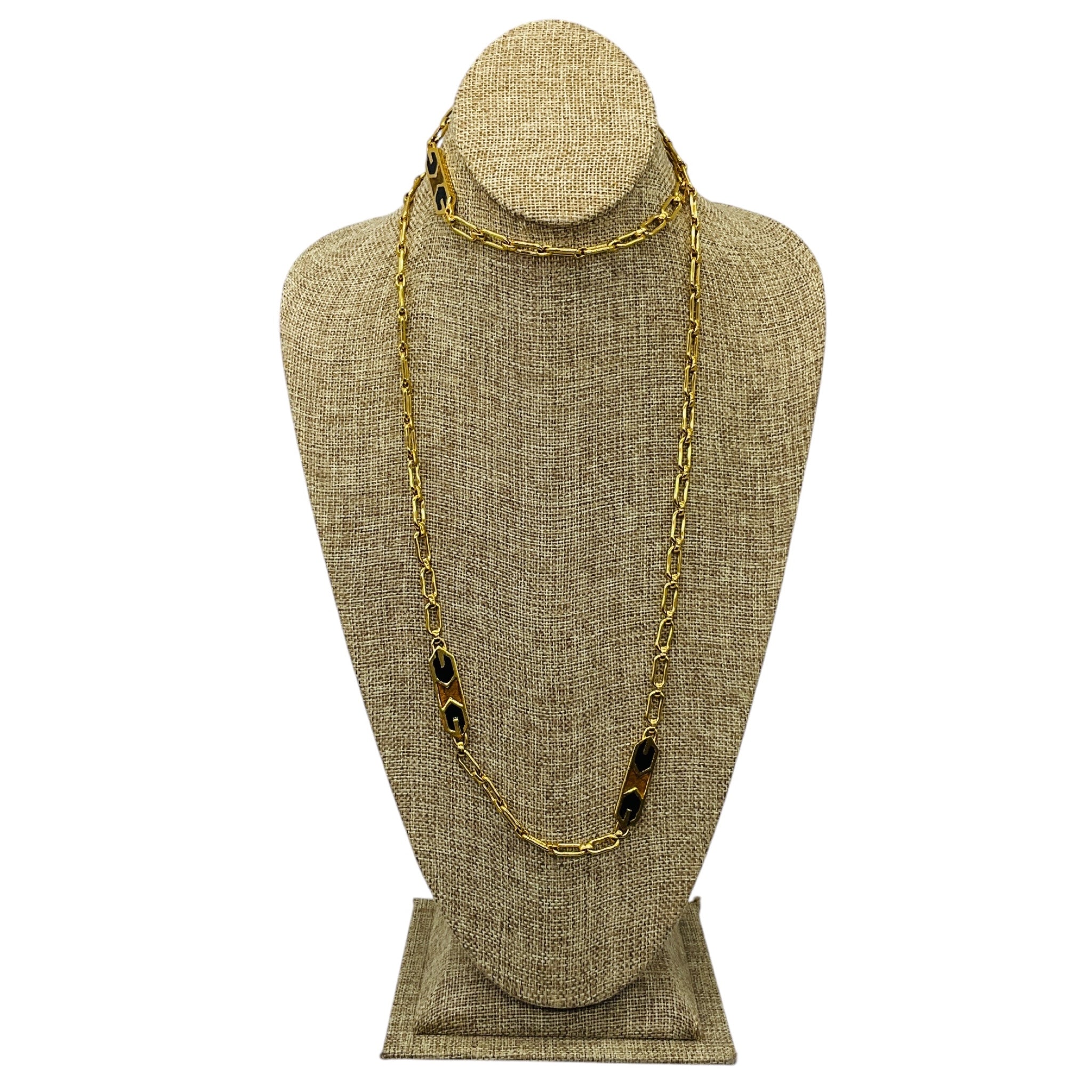 Givenchy Vintage Black / Brown GG Logo Enamel and Gold-tone Chain Sautoir Necklace